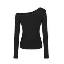 Camiseta de manga larga para mujer, corte entallado, diseño cruzado con hombros descubiertos, cintura fruncida, primavera, verano, color puro, poliéster, Spa... - Cuello oblicuo plisado de manga larga - Negro - Ver 12