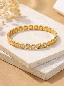 1 pieza Brazalete abierto elegante de acero inoxidable dorado, adecuado para uso diario de mujeres o como regalo - Amarillo Oro - Ver 3