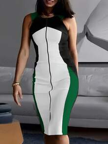 ChicMe Women's Color Block Round Neck Sleeveless Zip Front Split Hem Fitted Mid-Length Dress, Fashionable For Commuting And Everyday Wear - Green - View 4