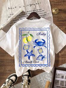 女士休闲柠檬贝壳印花圆领短袖T恤，夏季度假白色 - 白色 - 查看 2