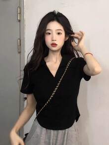 Women's Y2K Minimalist Solid Black Fitted Waist Sweet Sexy Versatile Collared Short Sleeve Top T-Shirt, Spring/Summer - Black - View 7