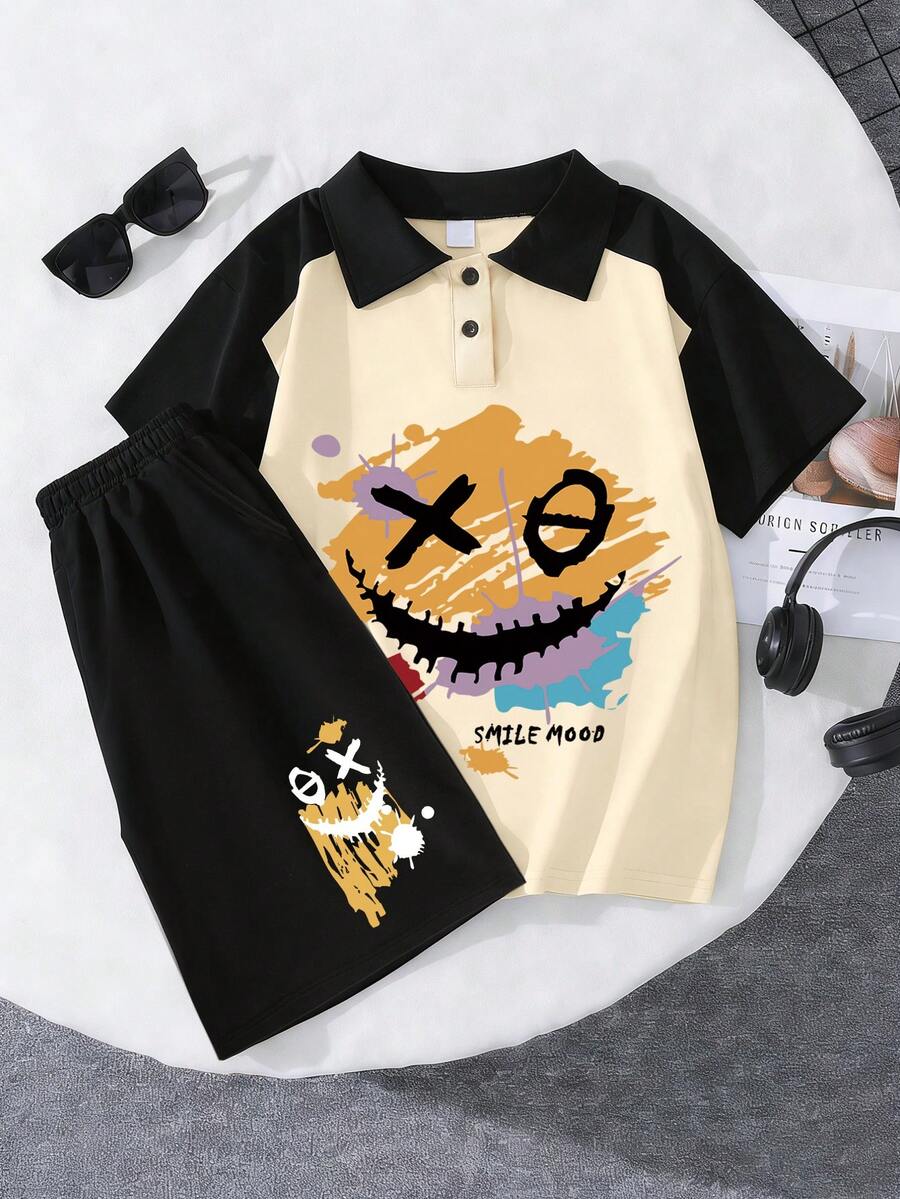青少年男孩涂鸦风格笑脸印花Polo衫和短裤夏季新款套装 - 彩色 - 查看 1