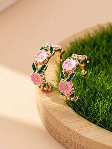 1 Pair Fashionable & Elegant Metal Enamel Flower Hoop Earrings, Suitable For Teenage Girls Daily Wear - Multicolor - View 6