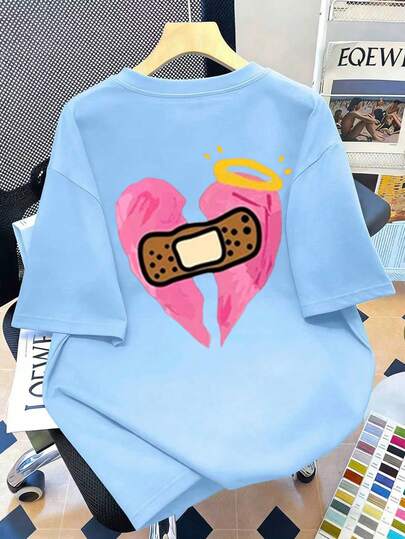 爱心印花圆领加大码女式夏季T恤