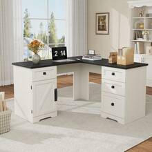 Escritorio Ejecutivo en L de 60", Mesa de Ordenador de Esquina Estilo Rústico con Cajones para Archivos y Armario de Almacenamiento Ajustable - Blanco - Ver 1