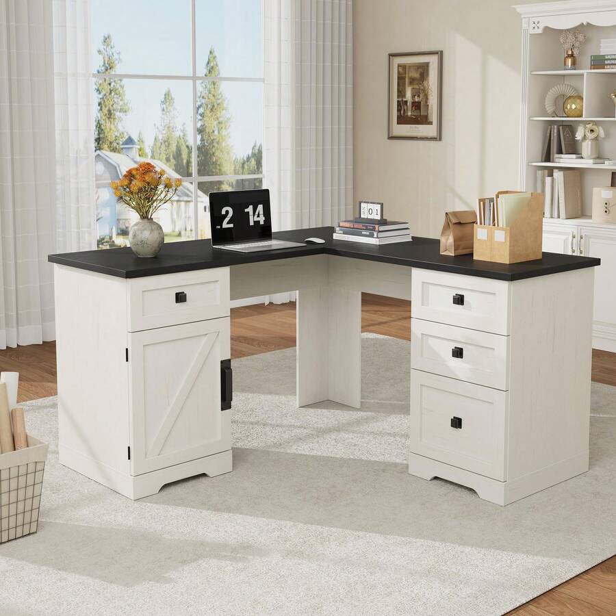 Escritorio Ejecutivo en L de 60", Mesa de Ordenador de Esquina Estilo Rústico con Cajones para Archivos y Armario de Almacenamiento Ajustable - Blanco - Ver 1
