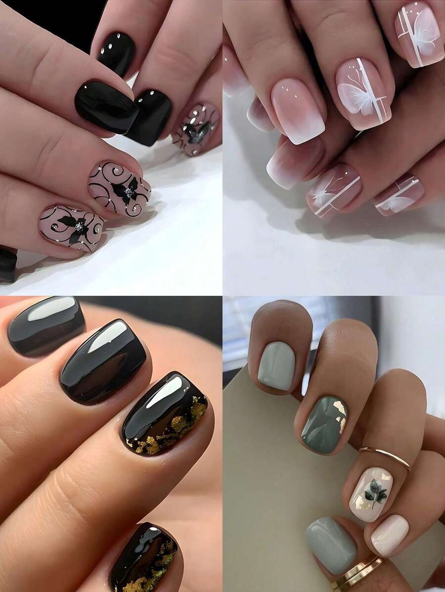 96pcs/4sets Square Sequin Butterfly Nail Stickers, Includes 4pcs Glue And 4pcs Nail Files, Suitable For Party, Daily Wear, Women And Girls. Includes Manicure Tools. Versatile Nail Art Kit - Multicolor - View 1