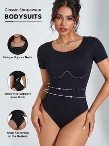 Women's Short Sleeve Bodysuit Tummy Control Shapewear Square Neck Body Suits Slim Fit - Black - View 1