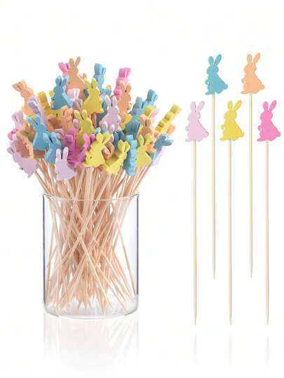 100pcs Easter Party Picks, 5.1 Inch Natural Bamboo Appetizer & Cocktail Picks, Decorative Food Picks For Cakes, Desserts, Fruits, Easter Celebration Decor