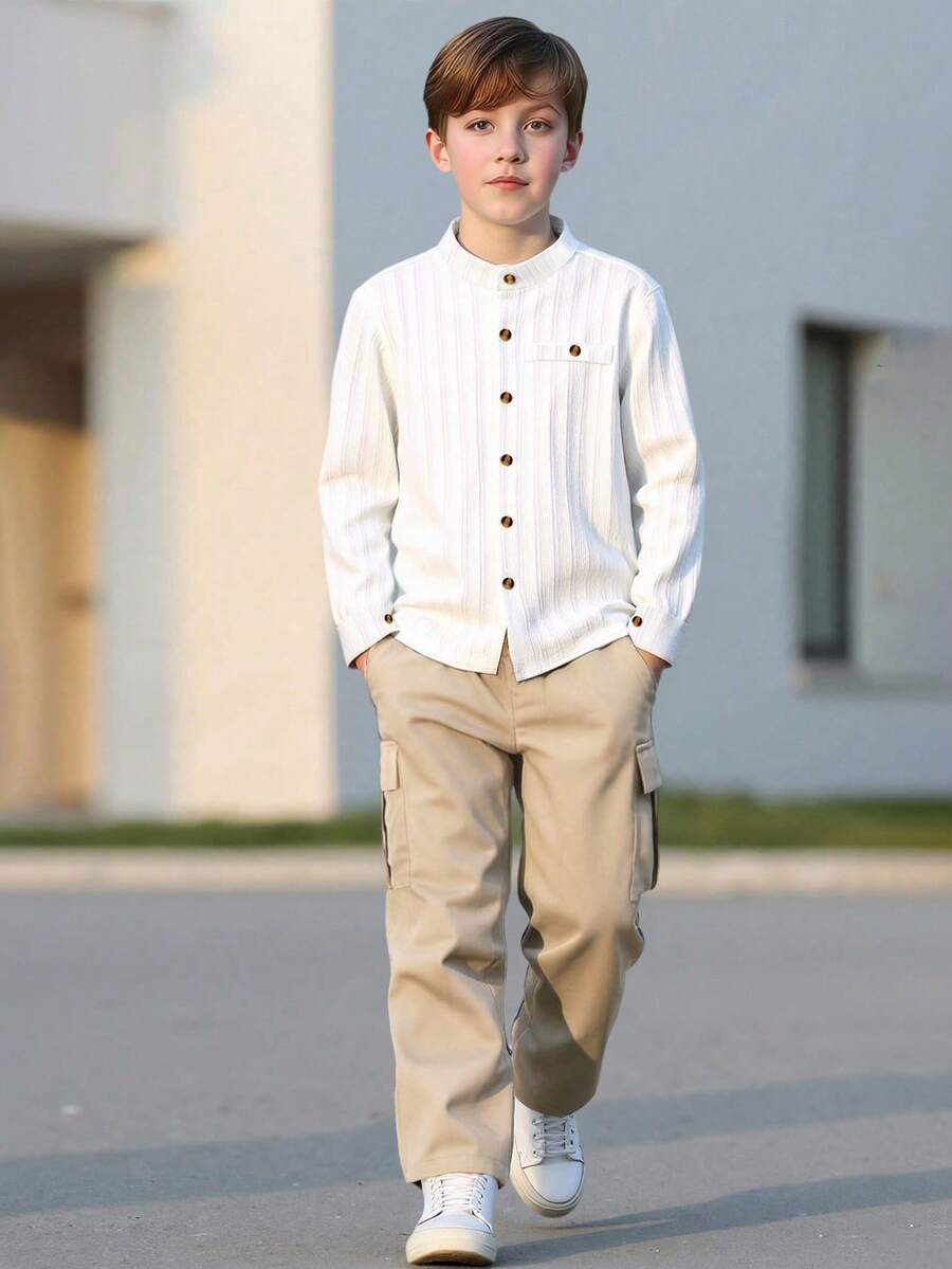 男童/幼儿男童春秋季薄款长袖衬衫和休闲舒适长裤两件套，时尚设计，百搭户外服装 - 杏色 - 查看 1