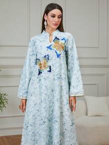 Women's Elegant Robe, V-Neck Applique, Long Sleeve, Suitable For Ramadan, Party, Date, Home Spring - Blue - View 3