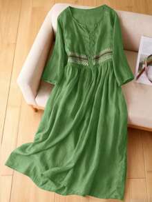 Đầm thêu cổ điển, đầm midi thêu tay 3/4 cổ tròn kiểu Hobo, đầm chữ A thêu thanh lịch dành cho nữ, đầm hè đơn giản phong cách vintage cho nữ, đầm mùa xuân thêu họa tiết Bohemian cho kỳ nghỉ. - màu xanh lá - Xem 2