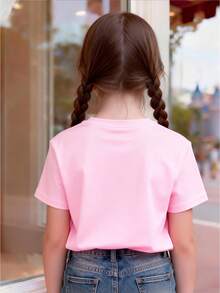 Valentine's Day Themed Short-Sleeved T-Shirt For Girls Aged 4-12. Disney Co-Branded Mickey, Minnie, And Donald Duck Cartoon Print Top, Pink And Red Heart Graffiti Style Round Neck Pure Cotton T-Shirt, Skin-Friendly And Breathable Pink Casual Base Layer. It Can Be Easily Paired With Denim Shorts, Overalls, Pleated Skirts, Sports Skirts, Princess Skirts, And Many Other Bottoms. Suitable For Various Occasions Such As Disneyland Visits, School Days, Valentine's Day Parties, Family Outdoor Trips, Matching Outfits With Friends, Weekend Shopping, Picnics, Etc. The Soft, Skin-Friendly, And Breathable Fabric Combines Comfort And Cuteness, Making It An Essential Top For Girls In Spring And Summer To Create A Festive Feel And Versatile Everyday Style. - 粉色 - 查看 2