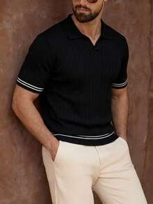 ALTZTAR 男士 Polo 领短袖条纹纯色拼接休闲针织衫 - 黑色 - 查看 1