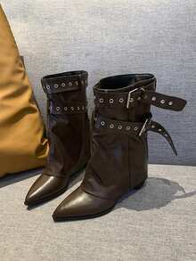 女士棕色中筒靴，2025秋冬新款，尖头真皮鞋面纯色一脚蹬皮带扣高筒靴，优雅通勤日常百搭时尚靴子，棕色靴子，大码女靴，女鞋 - 棕色 - 查看 3