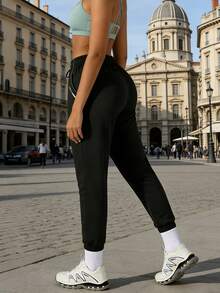 Sweet And Cool Jogger Pants For Women, Suitable For All Seasons, Simple Pocket Print, Elastic Waistband For A Slimming And Casual Look, - Black - View 7