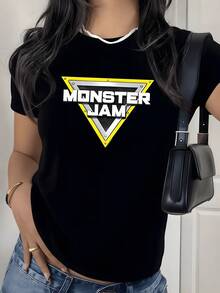 Monster Jam Triangle Graphic Print T Shirt 220g 1pcs Statement Logo Women's Casual 100% Cotton Tee Streetwear Style - 黑色 - 查看 1