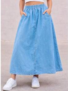 Lightweight Denim Skirt With Elastic Waistband And Pockets - Summer - Rửa nhẹ - Xem 11