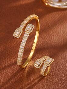 2pcs Sparkling Elegant Square Cubic Zirconia Bracelet And Ring Set, Suitable For Formal Events And Parties - Square - View 1