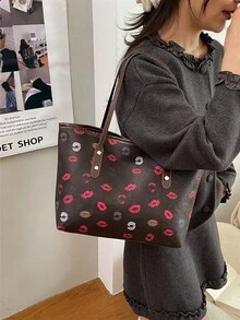 大容量通勤手提包，时尚印花单肩/腋下包，休闲个性ins风女式手提包 - 咖啡棕 - 查看 5