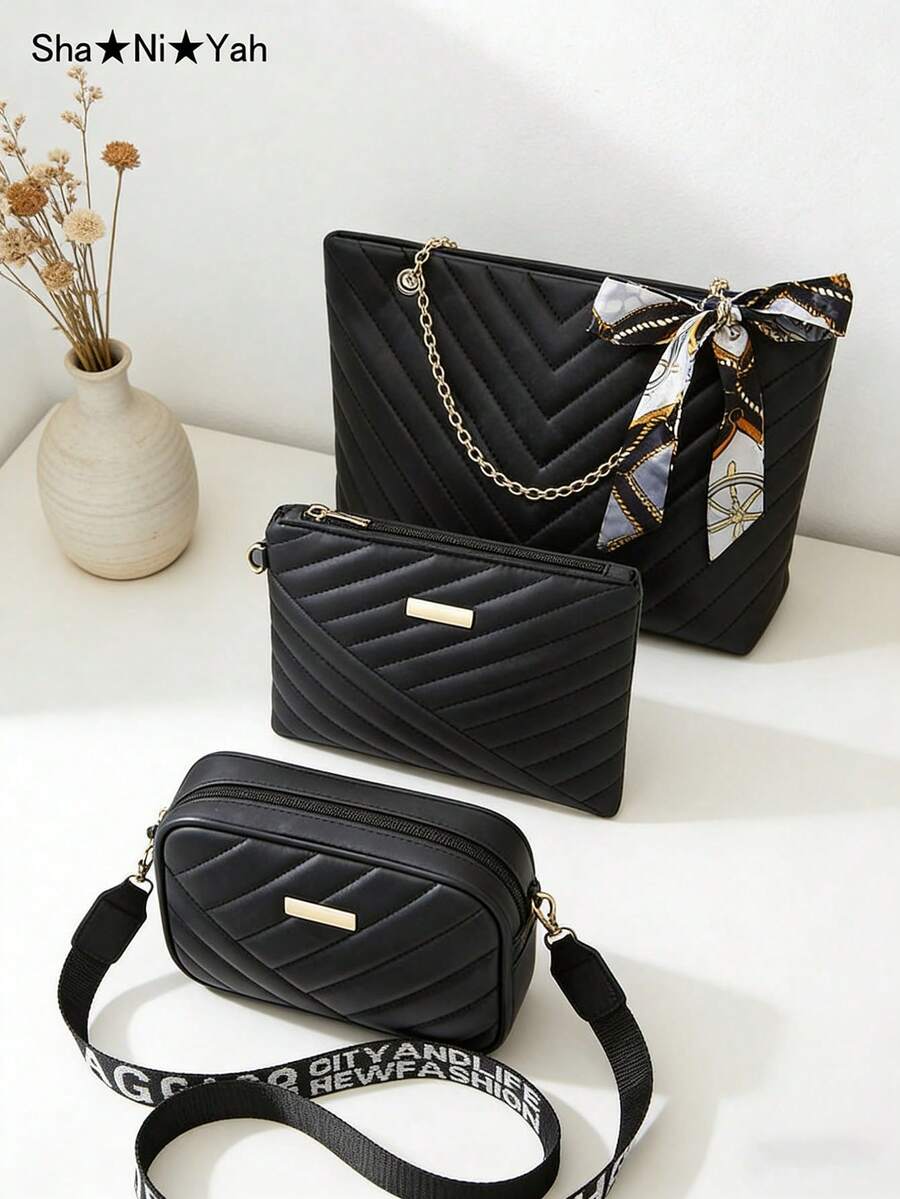 3pcs Women Bag Set - Tote Bag, Shoulder Bag, Clutch Wallet - Black - View 1