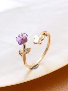 1pc 18K Gold Plated Natural Freshwater Pearl & Cubic Zirconia Adjustable Ring, Mother's Day, Valentine's Day, Birthday, Wedding Bride Gift - Purple Flowers - View 1