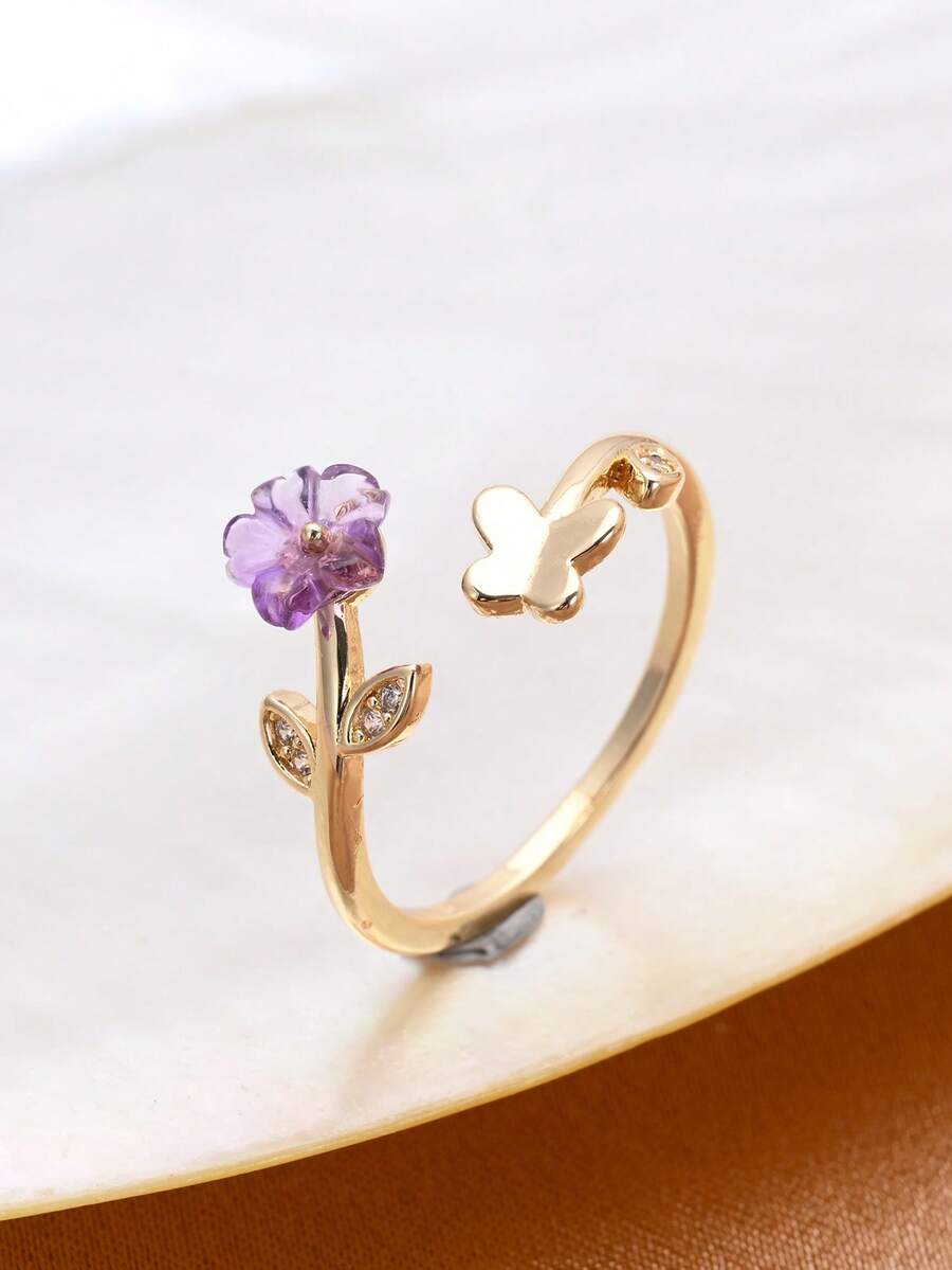 1pc 18K Gold Plated Natural Freshwater Pearl & Cubic Zirconia Adjustable Ring, Mother's Day, Valentine's Day, Birthday, Wedding Bride Gift - Purple Flowers - View 1