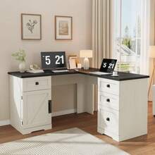 Escritorio Ejecutivo en L de 60", Mesa de Ordenador de Esquina Estilo Rústico con Cajones para Archivos y Armario de Almacenamiento Ajustable - Blanco - Ver 4
