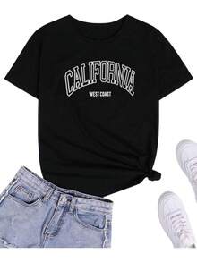 CaLiFoRNia WeST CoaST Letter Print Tee Top for Women Casual Wear, Perfect outfit - Negro - Ver 2