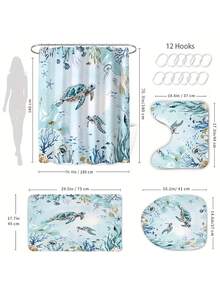 Set Tirai Mandi Motif Penyu Laut 1/4 buah, Dekorasi Kamar Mandi Gaya Pantai Laut Biru & Hijau, Tirai Mandi Poliester Tahan Air Ukuran 70,8*70,8 Inci dengan 12 Pengait - A - View 5