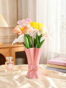 1 pieza Jarrón de cerámica, Jarrón con lazo rosa, Organizador de bolígrafos y brochas de maquillaje, Regalo de decoración de diseño moderno, Almacenamiento para el hogar y la oficina, Decoración de mesa de café (rosa/blanco) Jarrón de estilo bohemio, Decoración moderna para sala de estar, entrada, mesa de café del hogar, Decoración central para mesa de café de sala de estar y dormitorio, Regalo del Día de la Madre, Decoración de Pascua - Múltiples estilos - Ver 7