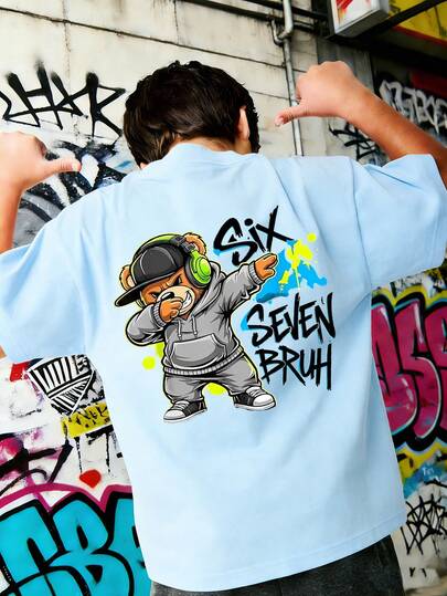 Tween Boy Cartoon Teddy Bear "SIX SEVEN BRUH" Graphic T-Shirt, Suitable For Street, Casual, School, Event Wear, Fashionable Summer Top For Boys