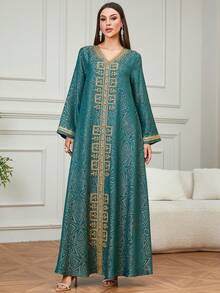 Elegant Long Embroidered Kaftan Dress With Golden Beads, Suitable For Eid, Daily Wear, Dates, Parties, Long Sleeve Robe - Dark Green - View 5