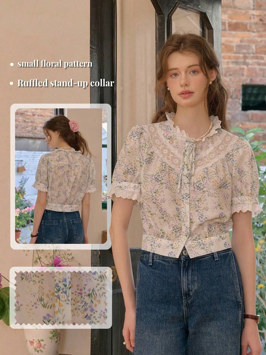 Simple Retro Áo sơ mi nữ đơn giản phong cách retro mùa xuân/hè, phối ren, màu tương phản, cổ đứng nhỏ, in họa tiết tie-dye, màu trắng, lãng mạn, thanh lịch, cổ điển, tay ngắn, kiểu dáng thường ngày. - trắng - Xem 1