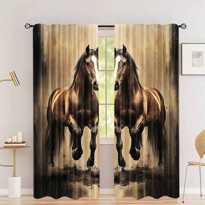 2pcs Set Vintage Brown & Black Horse Print Curtains - Rod Pocket Design, Polyester, Perfect For Living Room, Kitchen, Bedroom, Study, Dining Area - Home Decor (Rod Not Included)