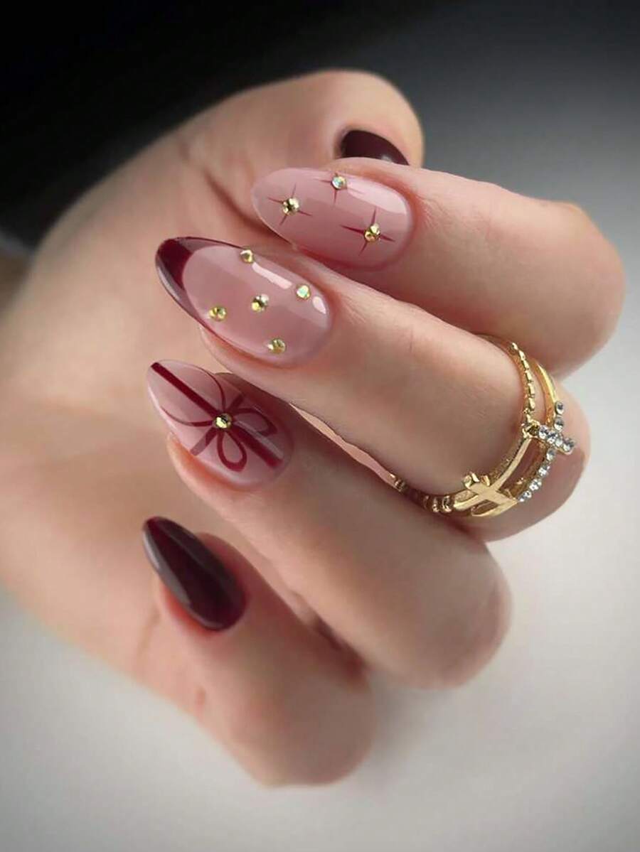 24pcs Medium Almond Shaped Full Cover False Nails - Vintage Elegant & Modern Minimalist, Classic New Year Burgundy With Romantic Valentine's Day Vibe, Decorated With Burgundy Satin Bow Tie, Starburst Pattern With Rhinestones, And Burgundy French Tips Nail Supplies - Burgundy - View 1