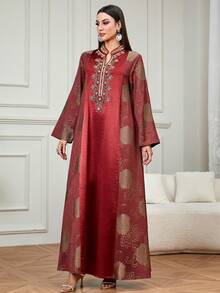 Solessence Áo Jalabiya dài thanh lịch dành cho nữ, thời trang, họa tiết jacquard ngẫu nhiên, đính cườm và thêu tinh tế, thích hợp cho lễ Eid, mặc hàng ngày và ở nhà vào mùa xuân. - Đỏ - Xem 5