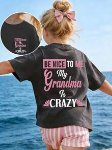 Tween Girls' Casual Graphic Print Crew Neck Short Sleeve T-Shirt, Summer Top - Dark Grey - View 1