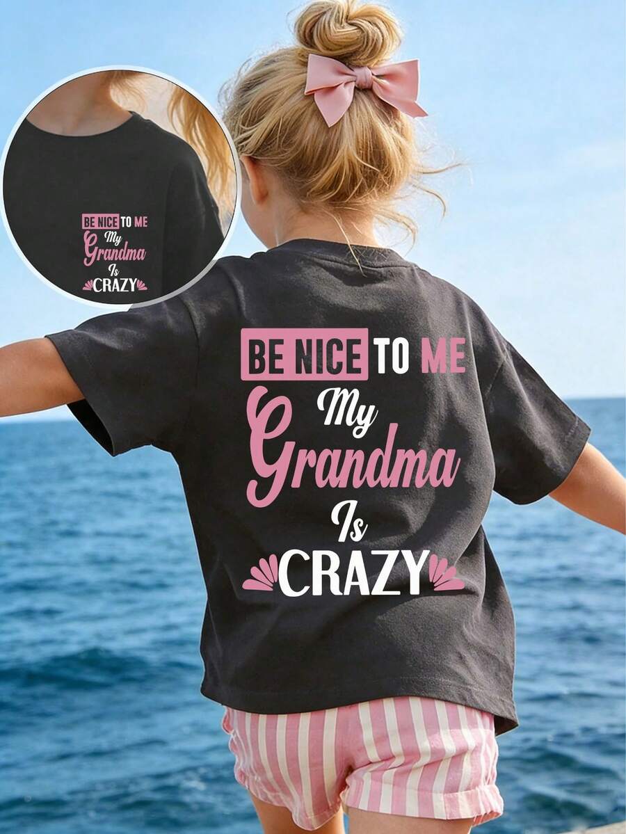 Tween Girls' Casual Graphic Print Crew Neck Short Sleeve T-Shirt, Summer Top - Dark Grey - View 1