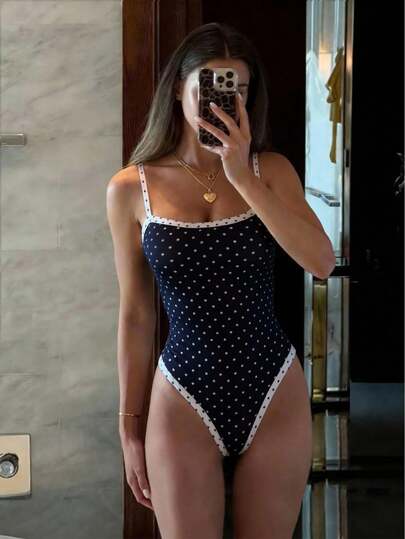 Nuevo elegante y sexy traje de baño de una pieza con contraste de color a lunares en blanco y negro, hecho de tela de alta elasticidad, adecuado para vacaciones en la playa, fiestas de natación, ceremonias de graduación, fiestas de cumpleaños y ocasiones de baile de moda en primavera y verano