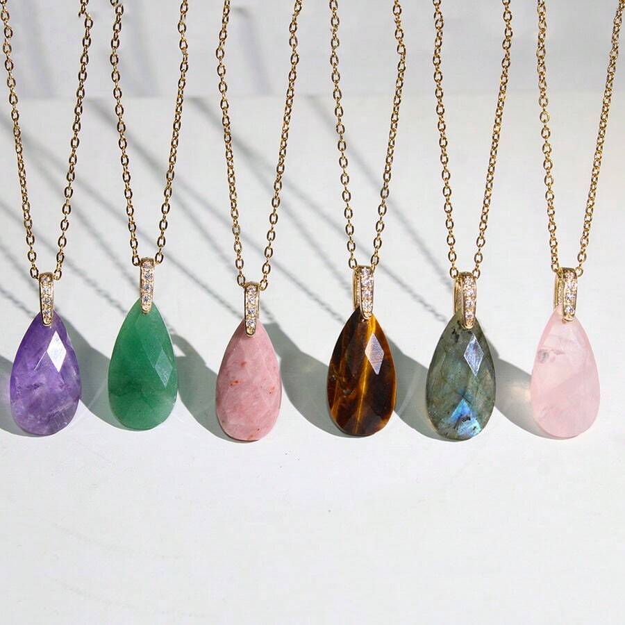 1pc Natural Water Drop Shaped Stone Pendant, Carved Amethyst & Lapis Lazuli Jewelry Making Necklace Charm - Water Droplets - View 1