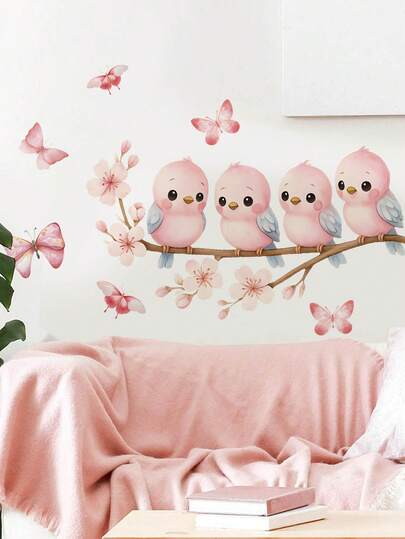 1件粉色可爱小鸟、蝴蝶和梅花枝墙贴，可移除卧室/客厅墙贴装饰