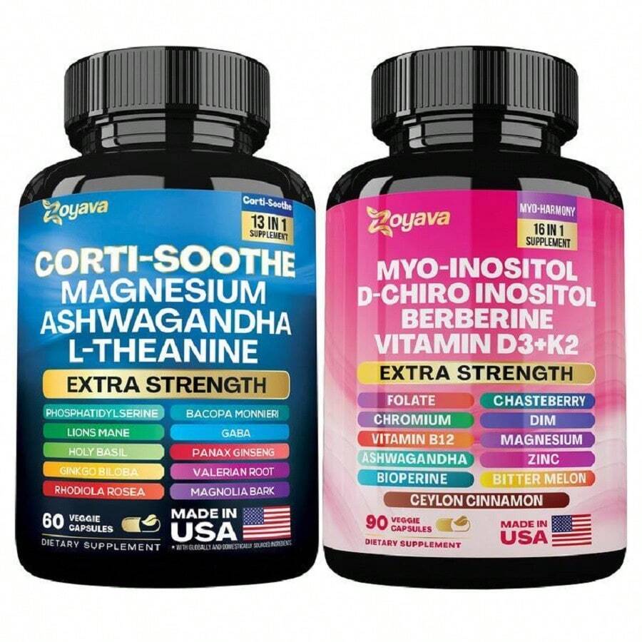 Soothe & Smooth Bundle - Zoyava Cortisol And Myo-Inositol All-In-One Dietary Supplement - Multivitamin Combo With Extra Strength Ingredients For Fitness & Healthcare - MADE IN USA Vitamins Supplements Chlorophyll Creatina Monohidratada Vitamins Probiotics For Women Protein Powder Quick Ship Items  Creatina Colageno - 60 & 90 Capsules - View 1