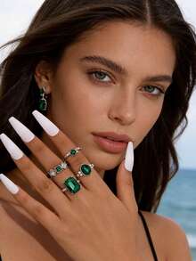 imoli 4pcs/set Minimalist Alloy & Rhinestone Geometric Ring Set, Women's Date Gift - Silver - View 3