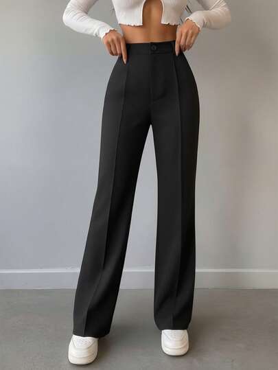 Women's Black Long Casual Straight Leg Pants, High Waist Design, Button Pocket, Suitable For Daily Wear, Office, Formal Occasions, Spring/Summer