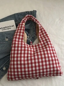 Bolso de hombro a cuadros de moda retro, nuevo bolso de mano casual personalizado de gran capacidad - Rojo - Ver 11