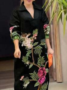 Plus Size Women Tree Print Pocketed Casual Dress, Suitable For Spring And Autumn Black - Black - View 2