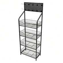 4 Tier Retail Display Rack Stand, Snack Candy Display Organizer With 10* Hooks Snack Rack, Basket Stand Cart - Black - View 4