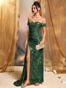CHOSMO 新款纯色闪亮优雅亮片露背女装，适合婚礼、派对、生日、周年纪念、毕业典礼、音乐节、节日鸡尾酒会、正式晚宴、拍照、舞会、舞台表演和音乐会等场合，春季第四季度 - 墨綠色 - 查看 8