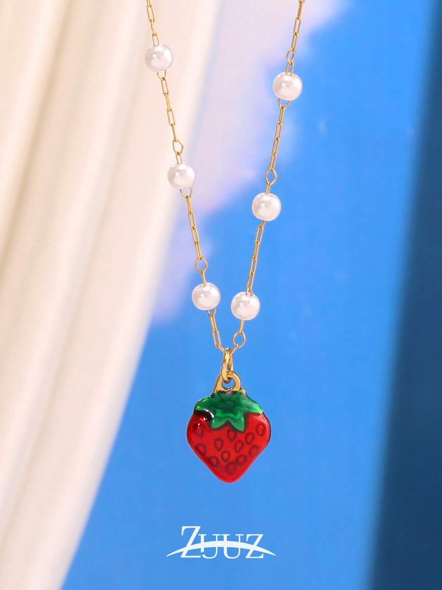 1pc Stainless Steel Strawberry Charm Pearl Chain Necklace For Women Choker Necklaces Female Jewelry Best Friends Gifts - necklace - View 1